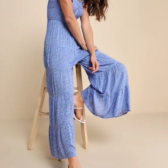 Lulus periwinkle Floral Smocked Tie-strap Jumpsuit - Picture 4 of 5